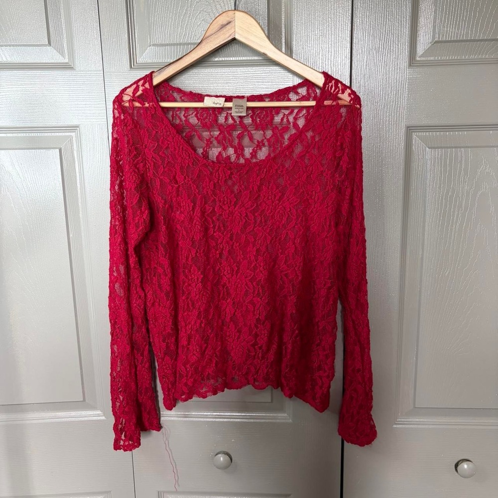 Daytrip Red Lace Long Sleeve Blouse Womens Large Y2K Boho Scoop Neck Made in USA